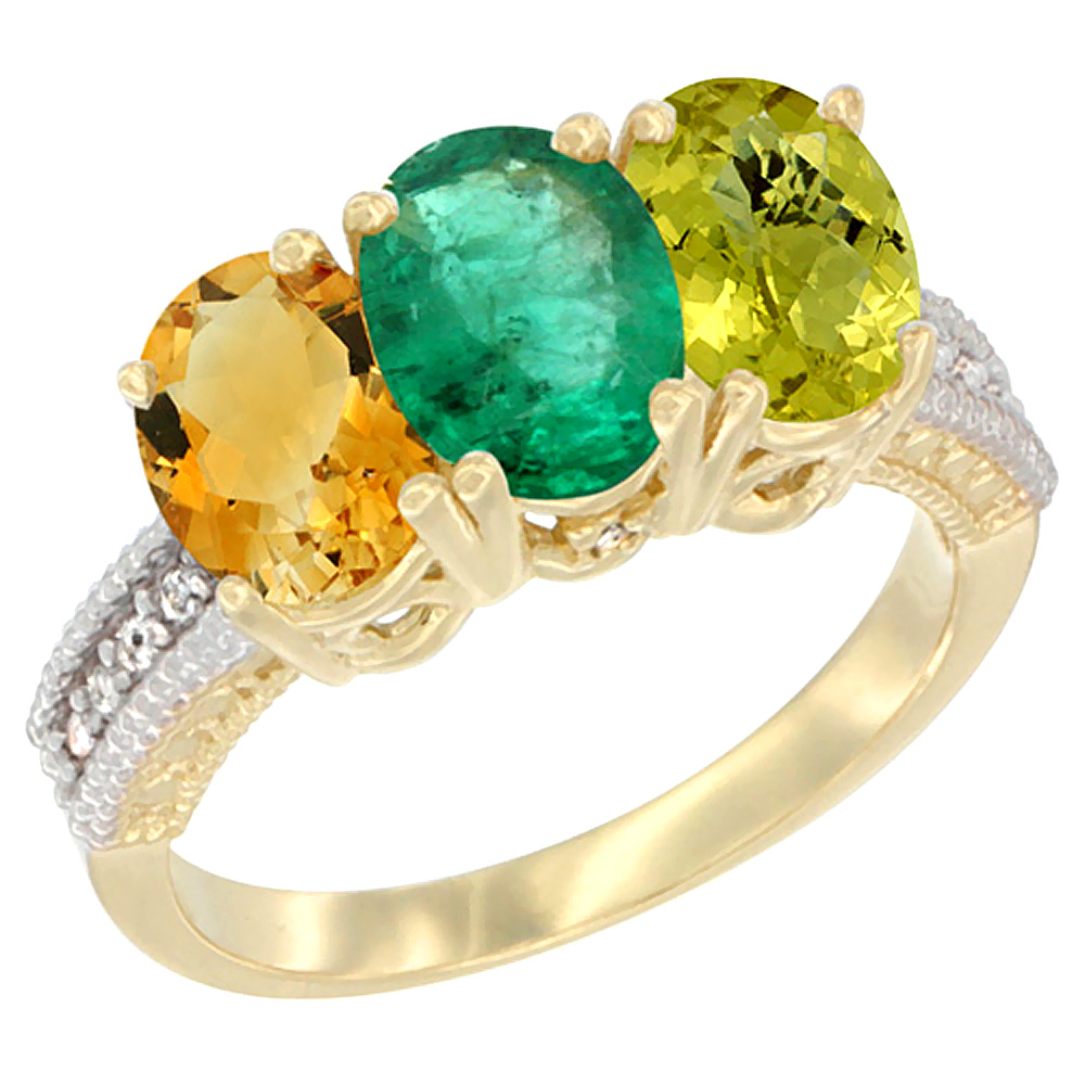 14K Yellow Gold Natural Citrine, Emerald &amp; Lemon Quartz Ring 3-Stone 7x5 mm Oval Diamond Accent, sizes 5 - 10