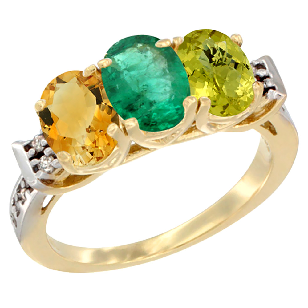 14K Yellow Gold Natural Citrine, Emerald &amp; Lemon Quartz Ring 3-Stone 7x5 mm Oval Diamond Accent, sizes 5 - 10
