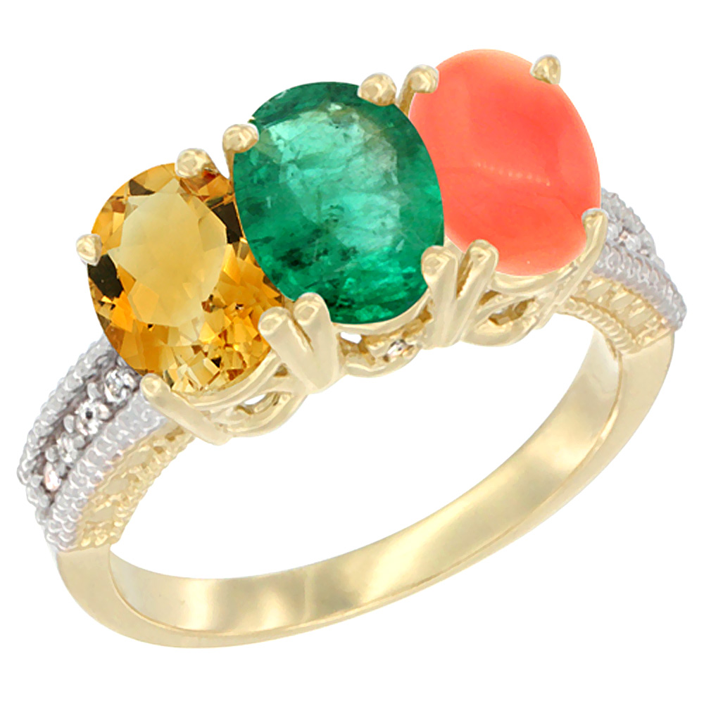 10K Yellow Gold Diamond Natural Citrine, Emerald & Coral Ring 3-Stone 7x5 mm Oval, sizes 5 - 10
