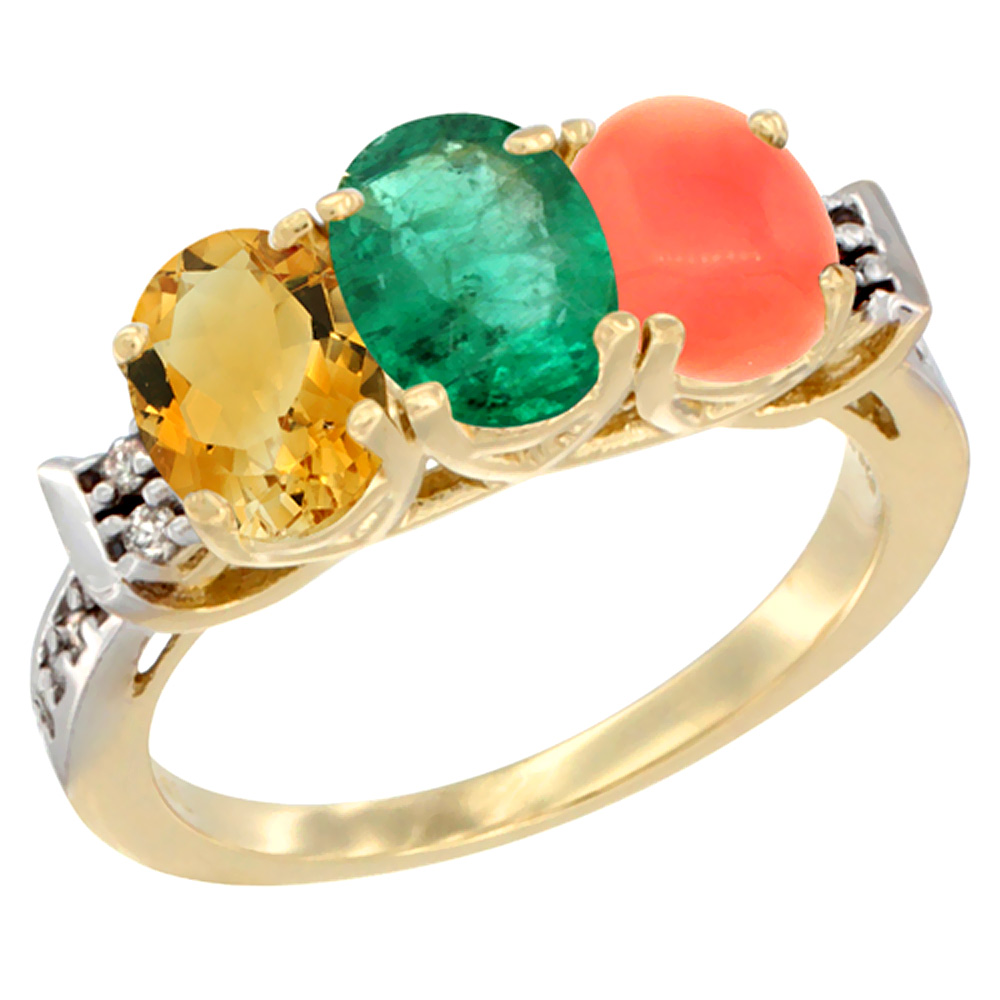14K Yellow Gold Natural Citrine, Emerald &amp; Coral Ring 3-Stone 7x5 mm Oval Diamond Accent, sizes 5 - 10