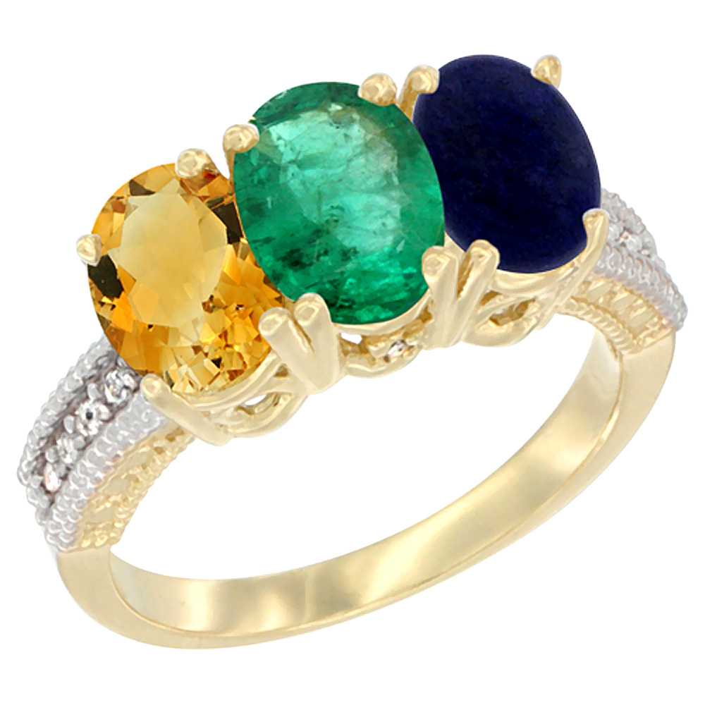 10K Yellow Gold Diamond Natural Citrine, Emerald &amp; Lapis Ring 3-Stone 7x5 mm Oval, sizes 5 - 10