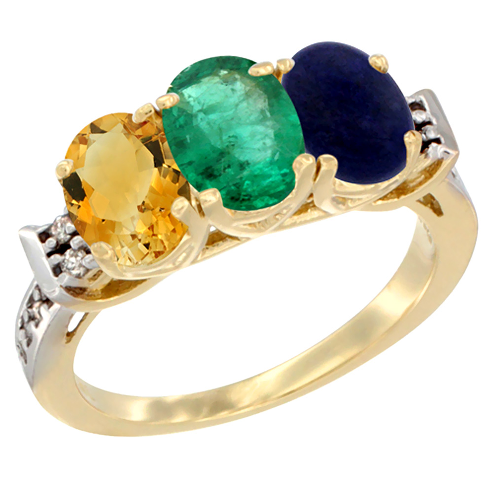 14K Yellow Gold Natural Citrine, Emerald &amp; Lapis Ring 3-Stone 7x5 mm Oval Diamond Accent, sizes 5 - 10