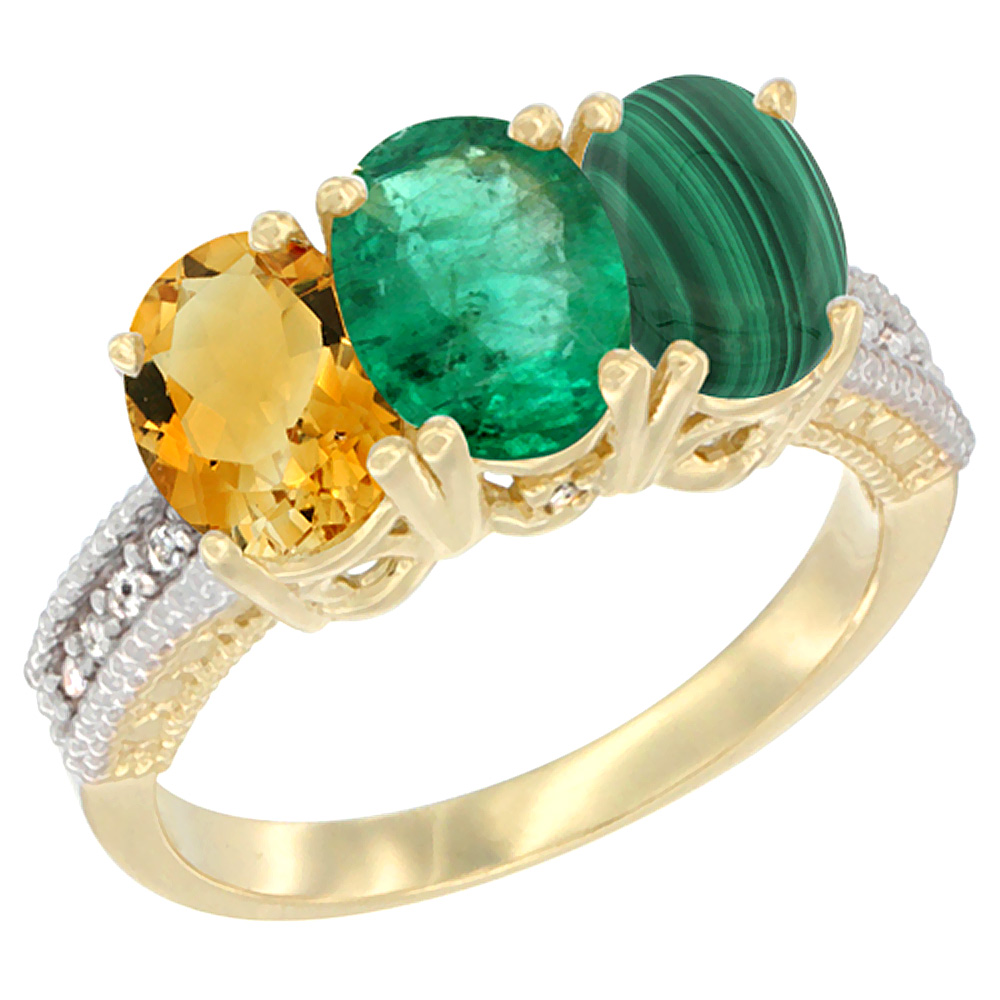 10K Yellow Gold Diamond Natural Citrine, Emerald & Malachite Ring 3-Stone 7x5 mm Oval, sizes 5 - 10