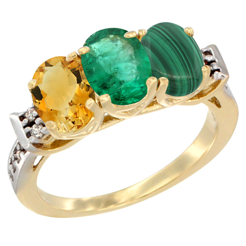 14K Yellow Gold Natural Citrine, Emerald &amp; Malachite Ring 3-Stone 7x5 mm Oval Diamond Accent, sizes 5 - 10