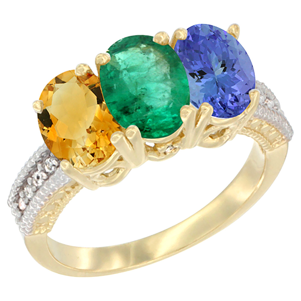 10K Yellow Gold Diamond Natural Citrine, Emerald &amp; Tanzanite Ring 3-Stone 7x5 mm Oval, sizes 5 - 10