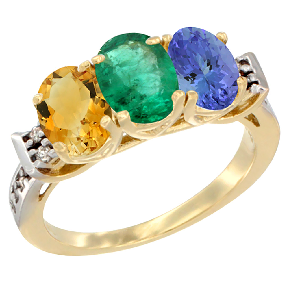 14K Yellow Gold Natural Citrine, Emerald & Tanzanite Ring 3-Stone 7x5 mm Oval Diamond Accent, sizes 5 - 10
