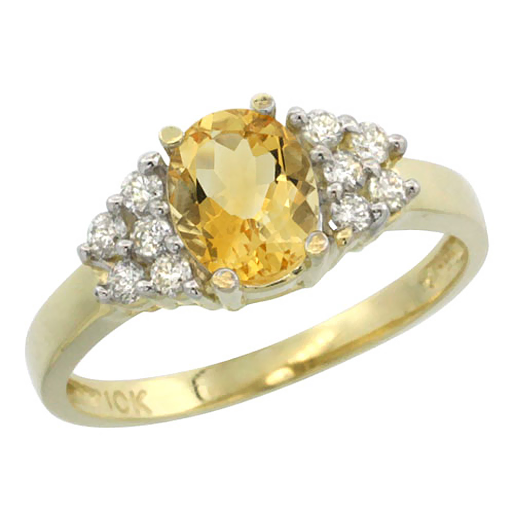 10k Yellow Gold Natural Citrine Ring Oval 8x6mm Diamond Accent, sizes 5-10