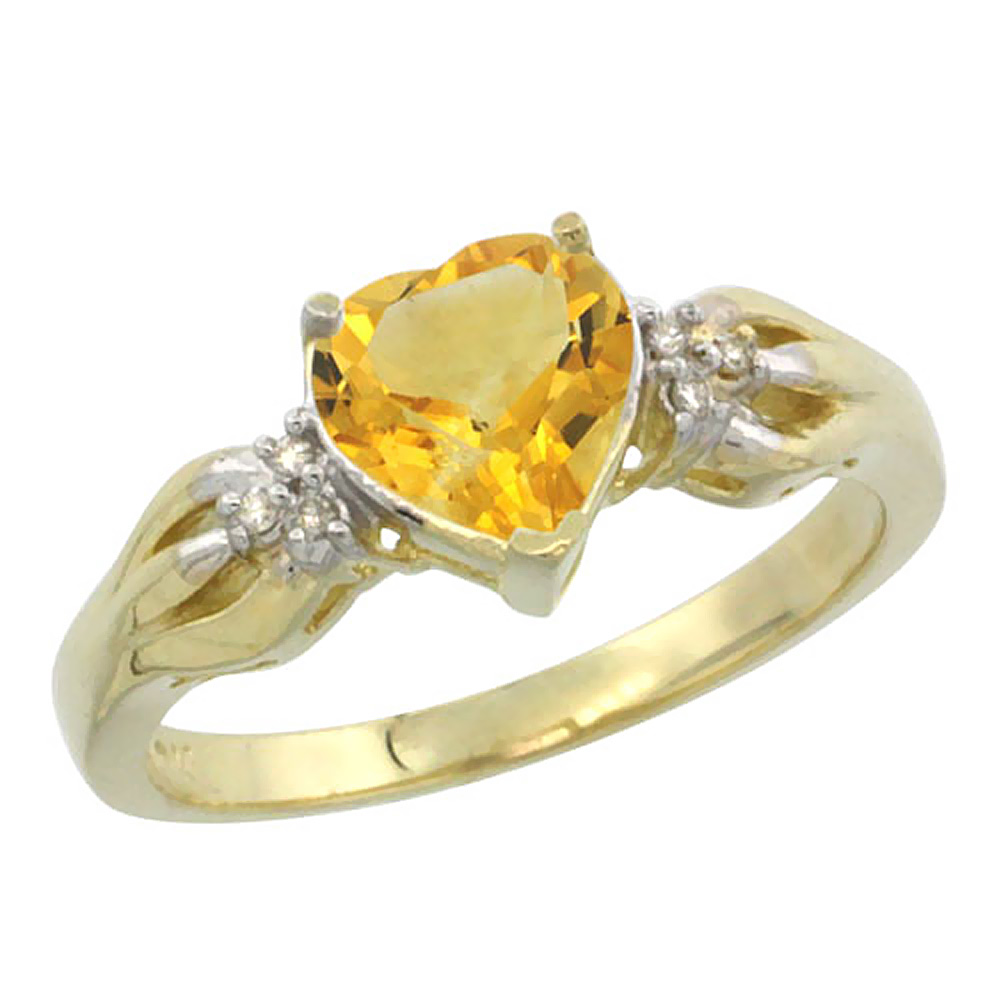14K Yellow Gold Natural Citrine Ring Heart-shape 7x7mm Diamond Accent, sizes 5-10