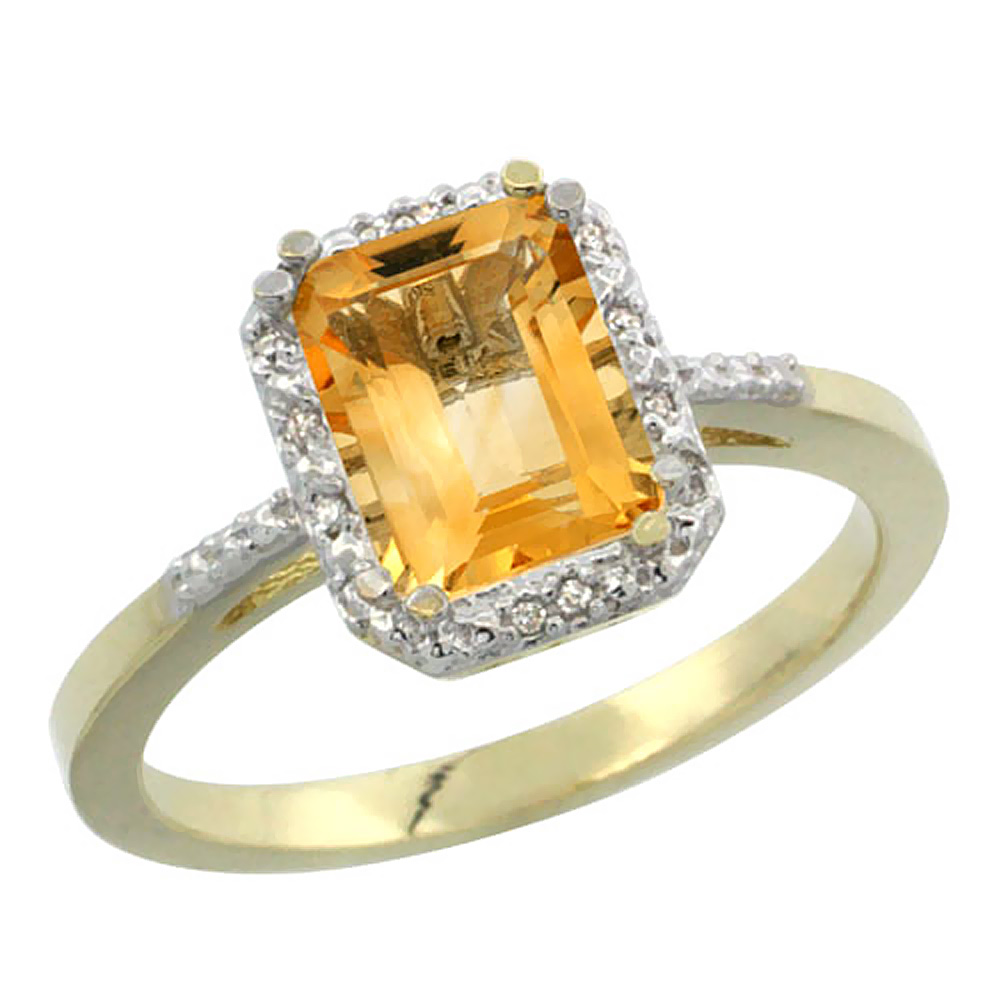 14K Yellow Gold Natural Citrine Ring Emerald-shape 8x6mm Diamond Accent, sizes 5-10