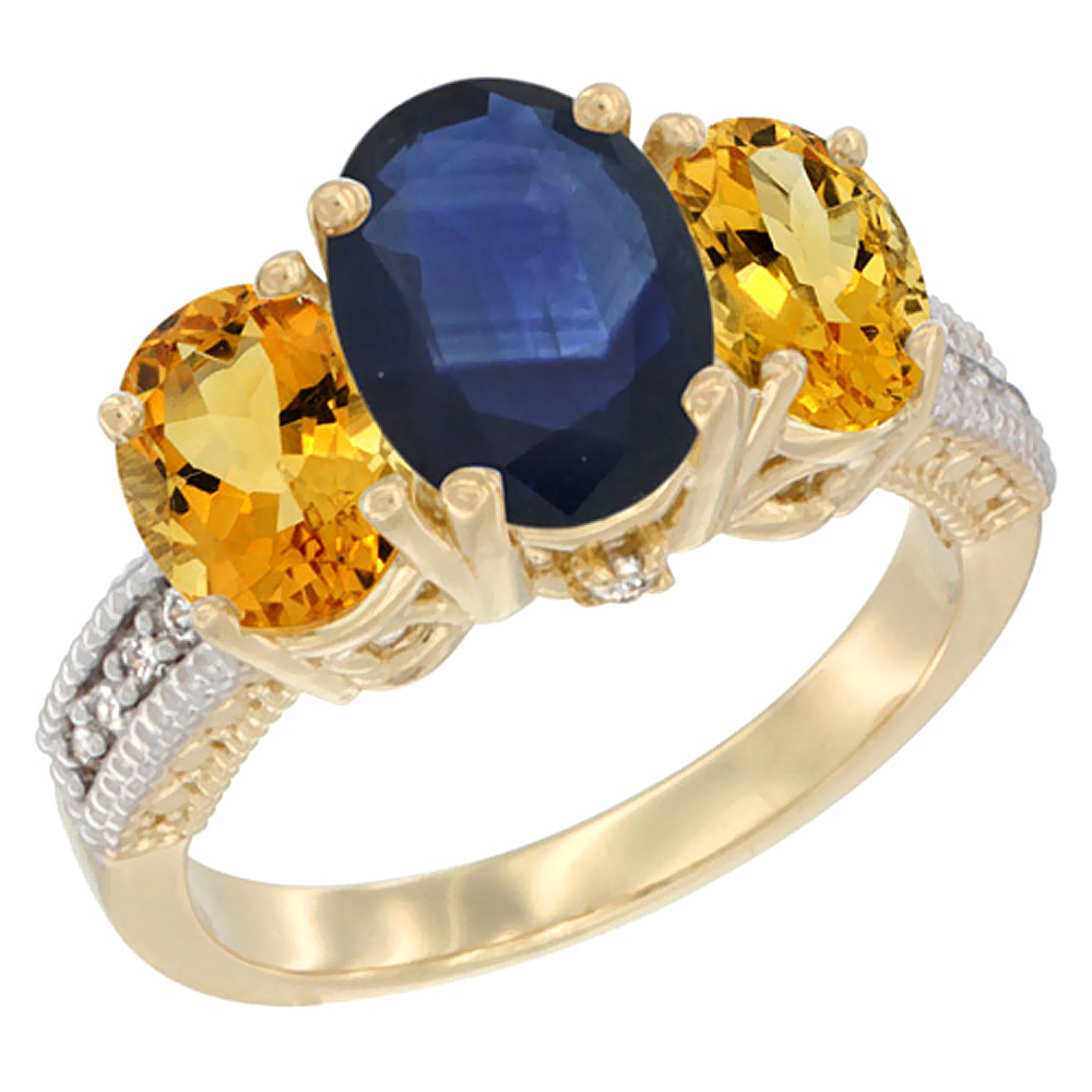 14K Yellow Gold Diamond Natural Blue Sapphire Ring 3-Stone Oval 8x6mm with Citrine, sizes5-10