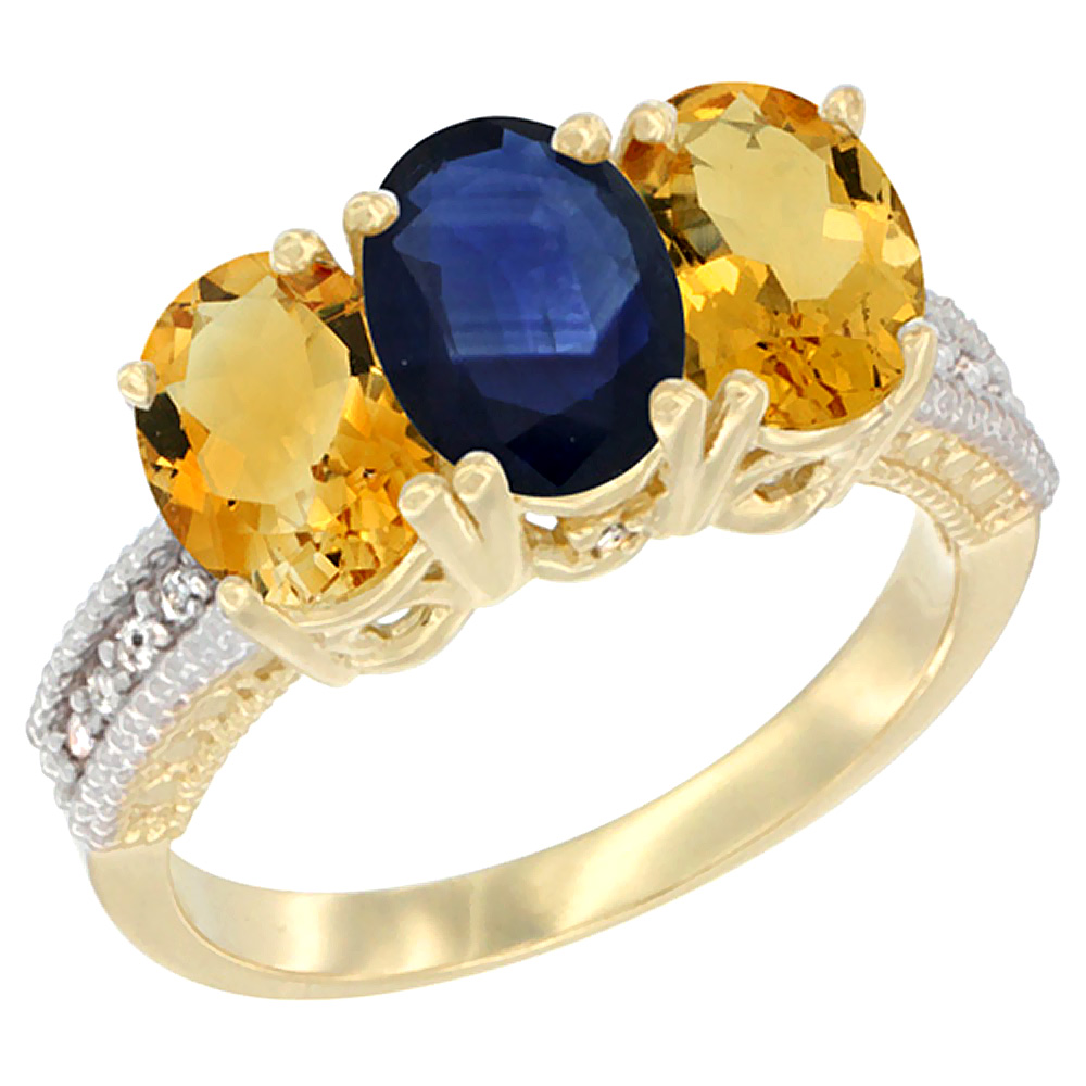 10K Yellow Gold Diamond Natural Blue Sapphire &amp; Citrine Ring 3-Stone 7x5 mm Oval, sizes 5 - 10