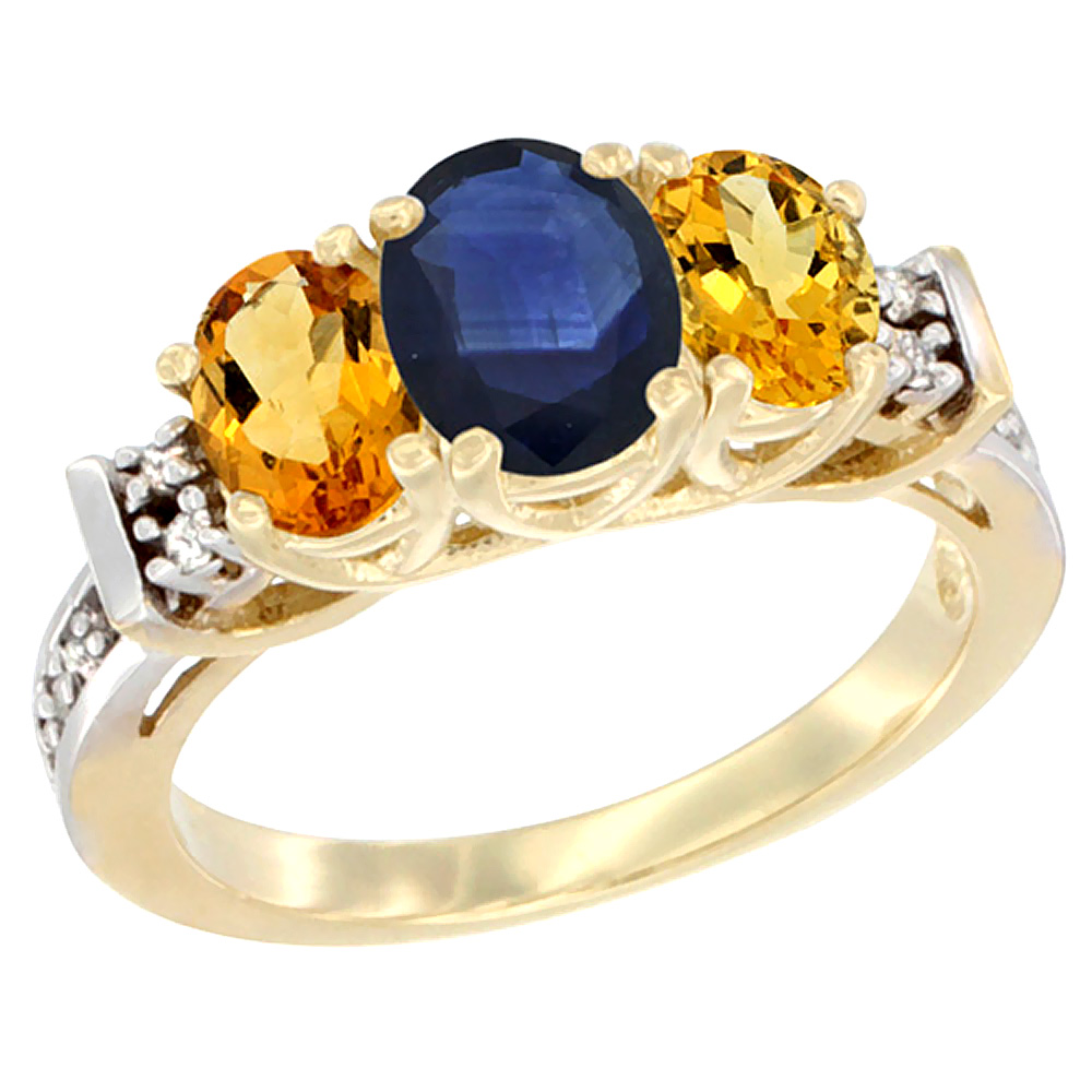 14K Yellow Gold Natural Blue Sapphire &amp; Citrine Ring 3-Stone Oval Diamond Accent