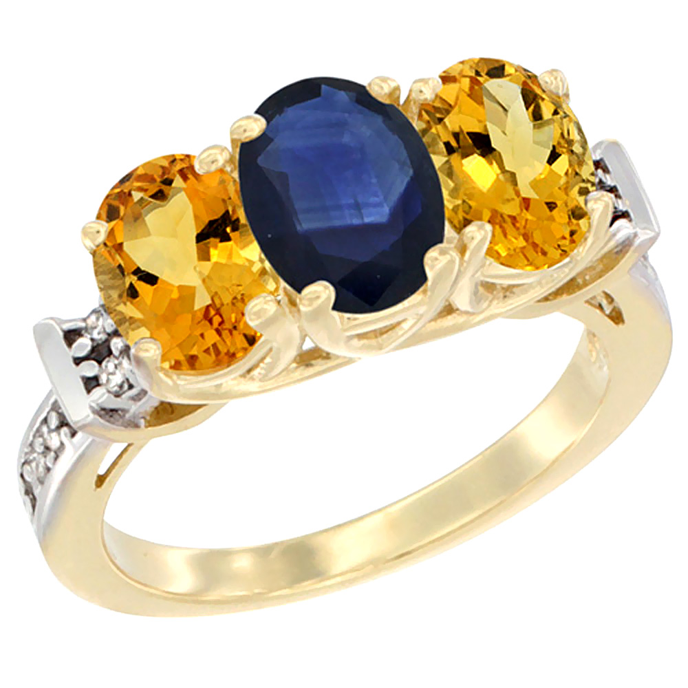 14K Yellow Gold Natural Blue Sapphire &amp; Citrine Sides Ring 3-Stone Oval Diamond Accent, sizes 5 - 10