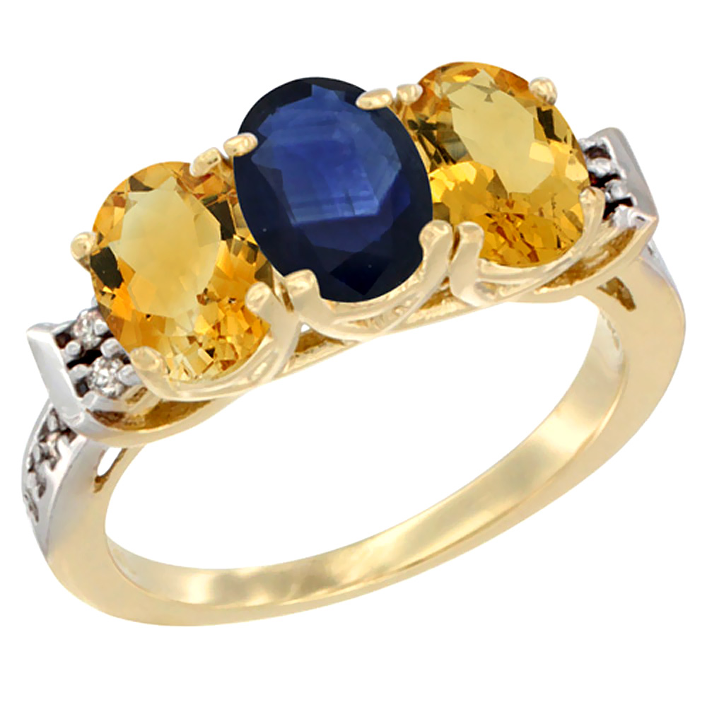 10K Yellow Gold Natural Blue Sapphire & Citrine Sides Ring 3-Stone Oval 7x5 mm Diamond Accent, sizes 5 - 10