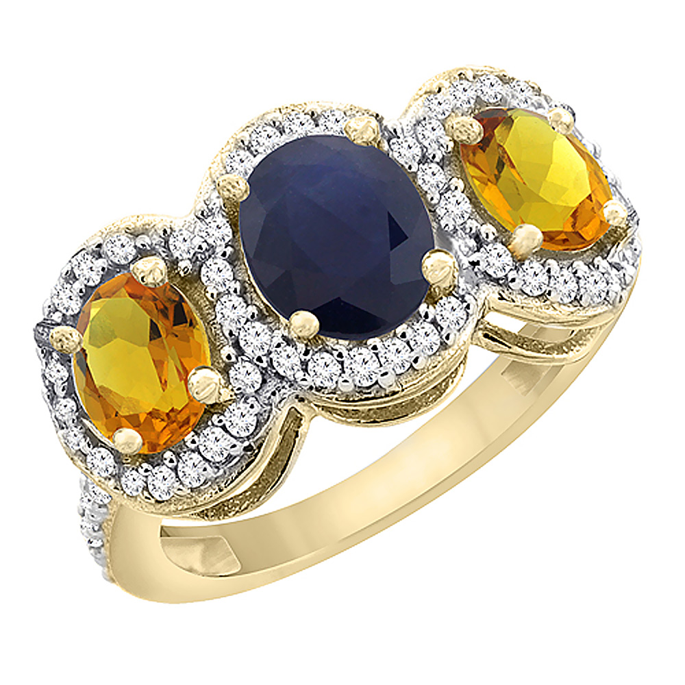 10K Yellow Gold Natural Blue Sapphire &amp; Citrine 3-Stone Ring Oval Diamond Accent, sizes 5 - 10