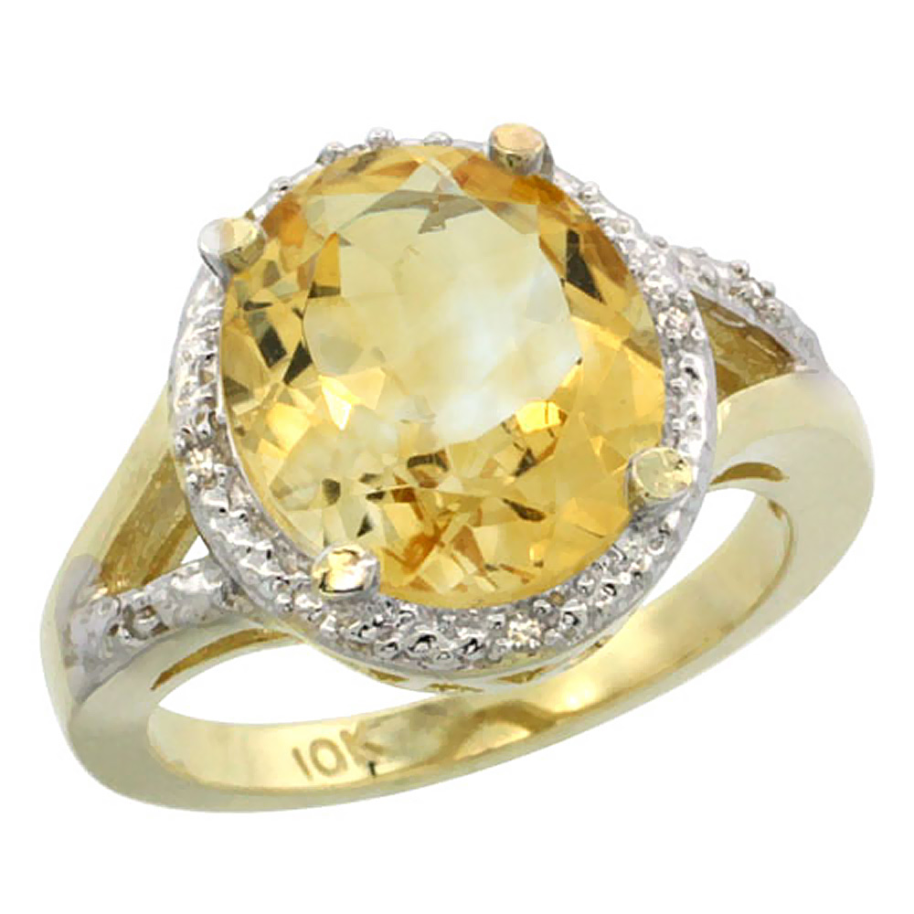 10K Yellow Gold Natural Citrine Ring Oval 12x10mm Diamond Accent, sizes 5-10
