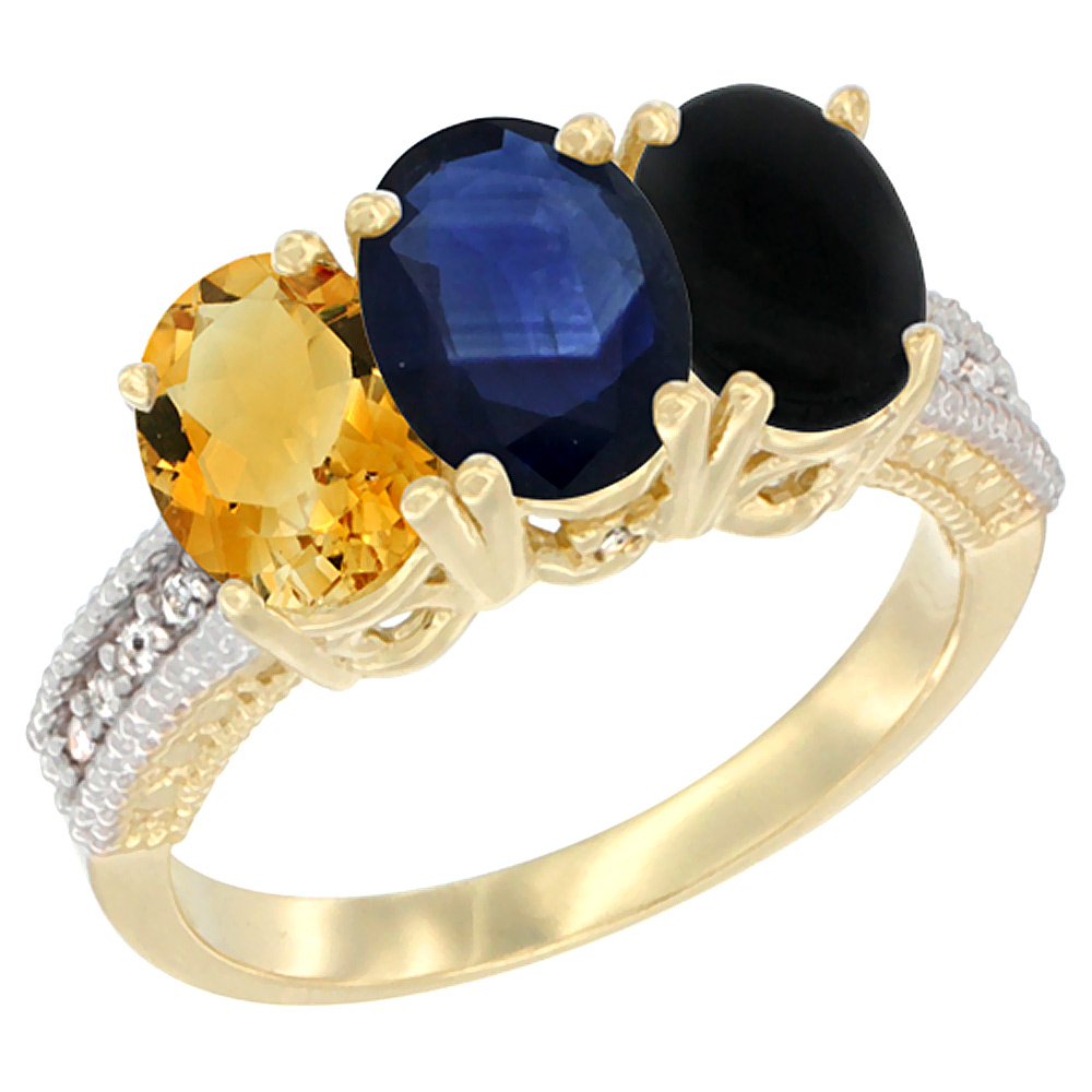 10K Yellow Gold Diamond Natural Citrine, Blue Sapphire & Black Onyx Ring 3-Stone 7x5 mm Oval, sizes 5 - 10
