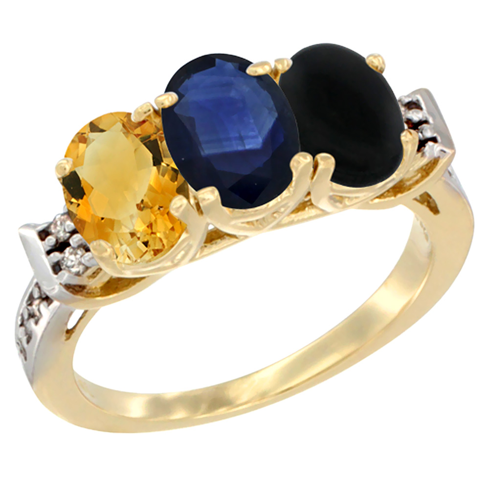 10K Yellow Gold Natural Citrine, Blue Sapphire &amp; Black Onyx Ring 3-Stone Oval 7x5 mm Diamond Accent, sizes 5 - 10