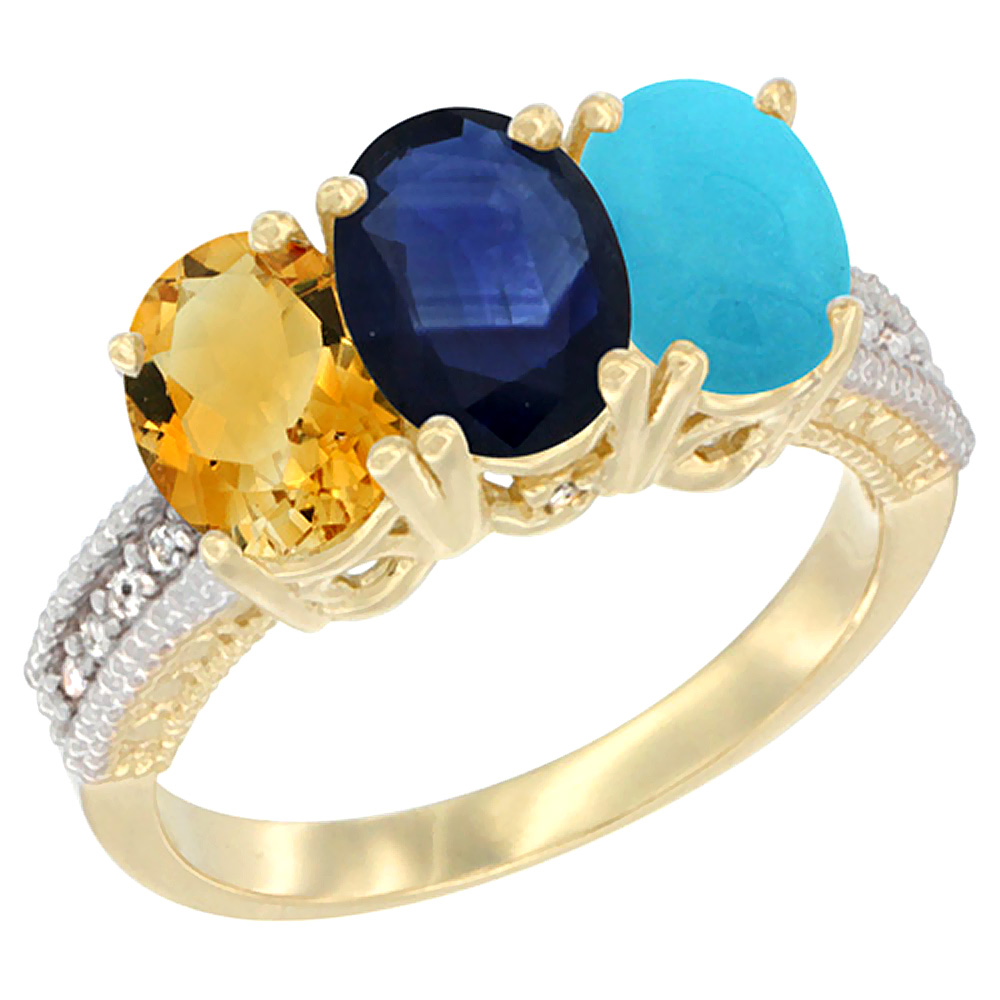 10K Yellow Gold Diamond Natural Citrine, Blue Sapphire & Turquoise Ring 3-Stone 7x5 mm Oval, sizes 5 - 10