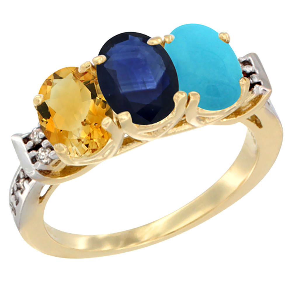 14K Yellow Gold Natural Citrine, Blue Sapphire & Turquoise Ring 3-Stone 7x5 mm Oval Diamond Accent, sizes 5 - 10