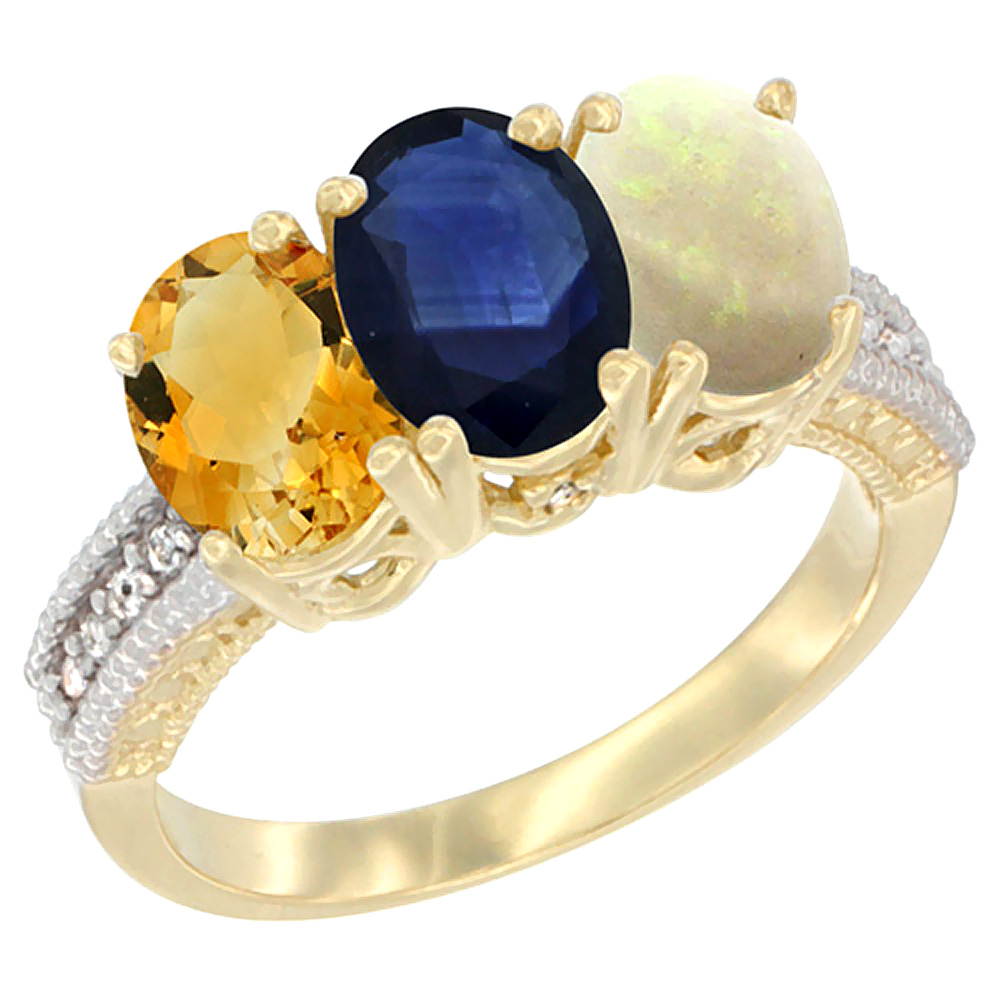 14K Yellow Gold Natural Citrine, Blue Sapphire & Opal Ring 3-Stone 7x5 mm Oval Diamond Accent, sizes 5 - 10