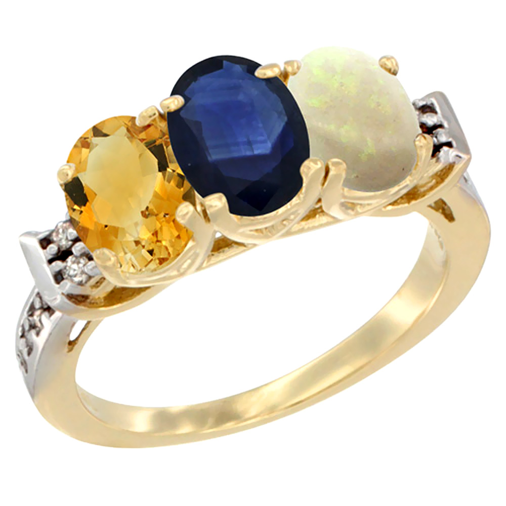 14K Yellow Gold Natural Citrine, Blue Sapphire &amp; Opal Ring 3-Stone 7x5 mm Oval Diamond Accent, sizes 5 - 10