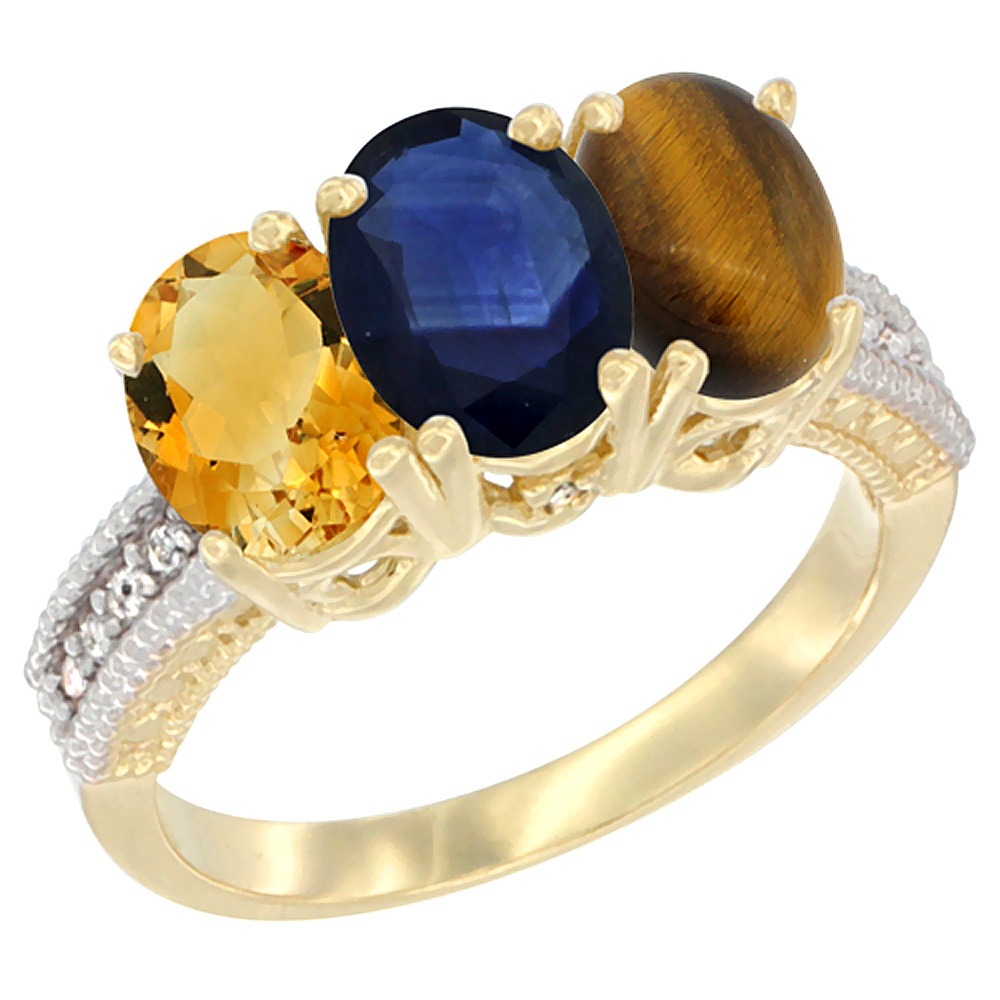 14K Yellow Gold Natural Citrine, Blue Sapphire &amp; Tiger Eye Ring 3-Stone 7x5 mm Oval Diamond Accent, sizes 5 - 10
