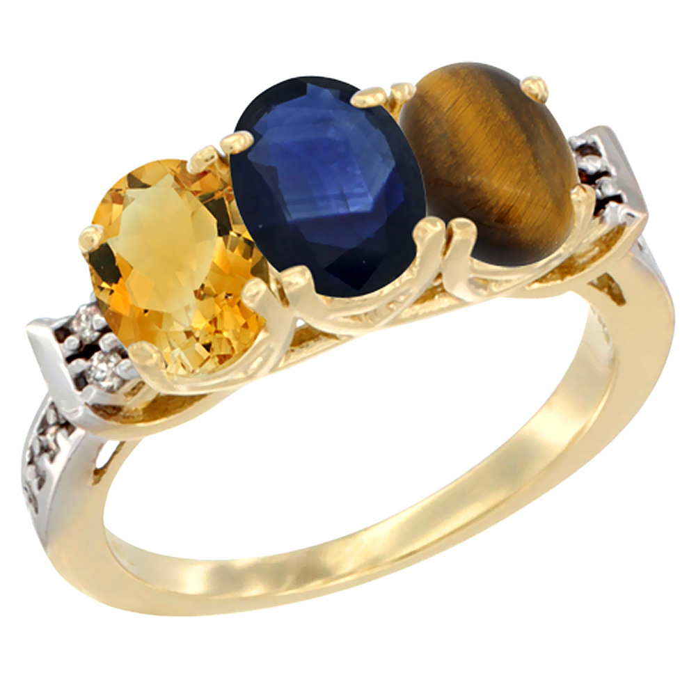 14K Yellow Gold Natural Citrine, Blue Sapphire & Tiger Eye Ring 3-Stone 7x5 mm Oval Diamond Accent, sizes 5 - 10