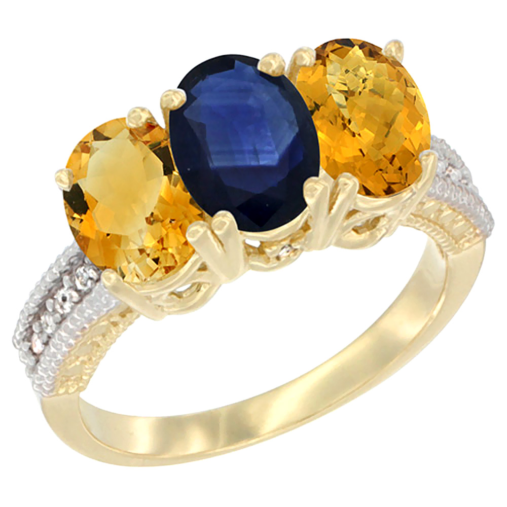 10K Yellow Gold Diamond Natural Citrine, Blue Sapphire & Whisky Quartz Ring 3-Stone 7x5 mm Oval, sizes 5 - 10