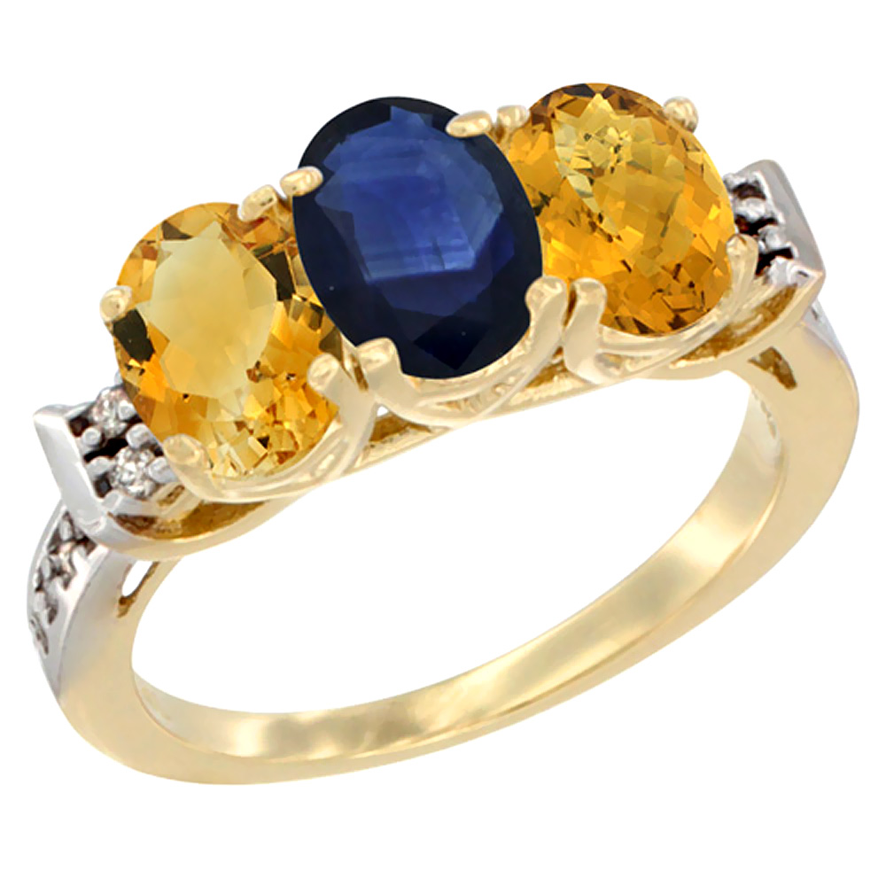 10K Yellow Gold Natural Citrine, Blue Sapphire &amp; Whisky Quartz Ring 3-Stone Oval 7x5 mm Diamond Accent, sizes 5 - 10