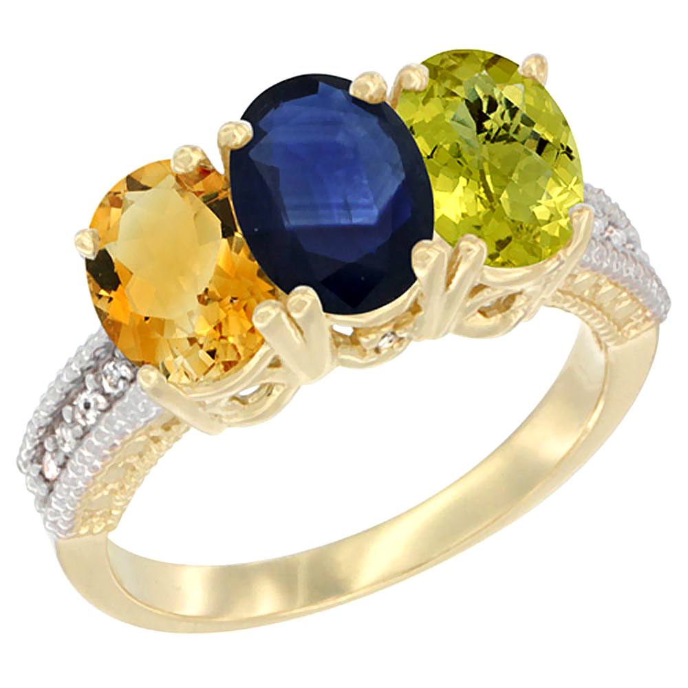 14K Yellow Gold Natural Citrine, Blue Sapphire &amp; Lemon Quartz Ring 3-Stone 7x5 mm Oval Diamond Accent, sizes 5 - 10