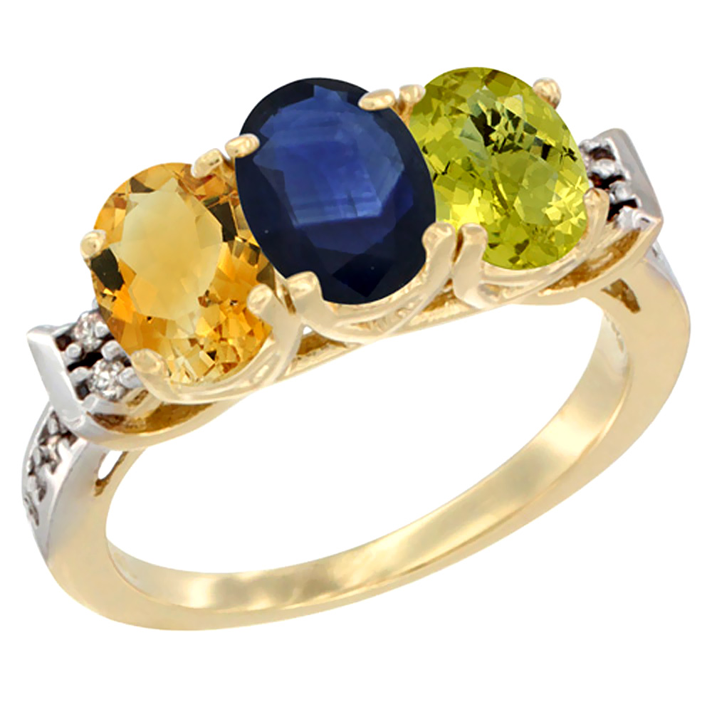 14K Yellow Gold Natural Citrine, Blue Sapphire & Lemon Quartz Ring 3-Stone 7x5 mm Oval Diamond Accent, sizes 5 - 10