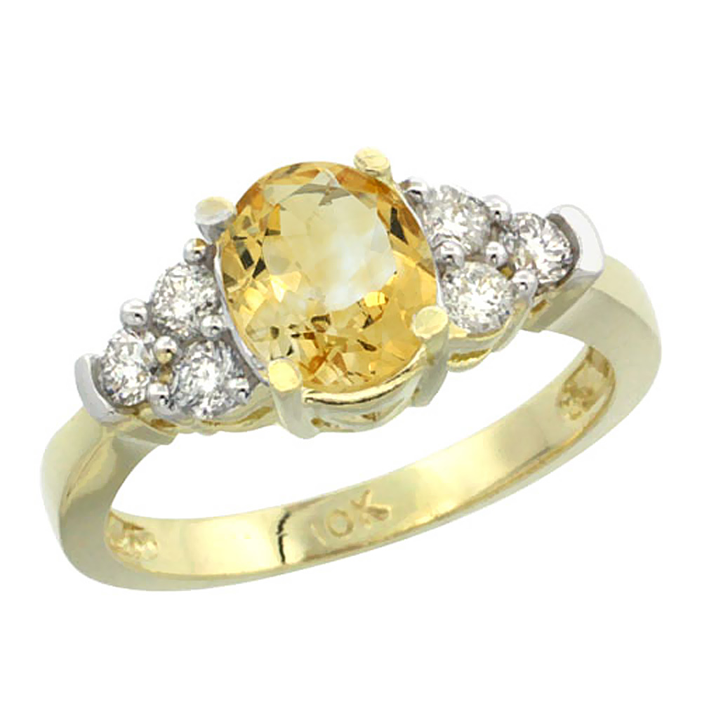 10K Yellow Gold Natural Citrine Ring Oval 9x7mm Diamond Accent, sizes 5-10