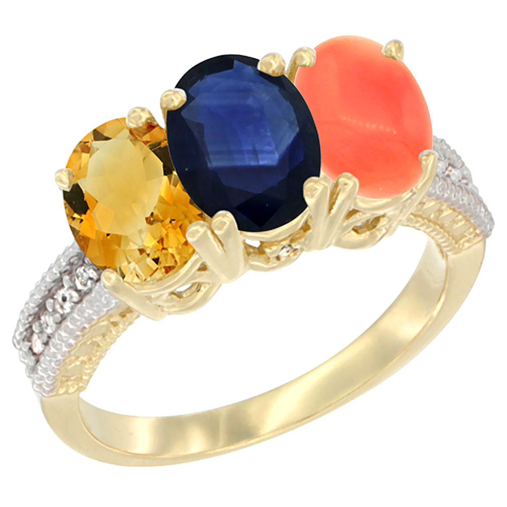 14K Yellow Gold Natural Citrine, Blue Sapphire &amp; Coral Ring 3-Stone 7x5 mm Oval Diamond Accent, sizes 5 - 10