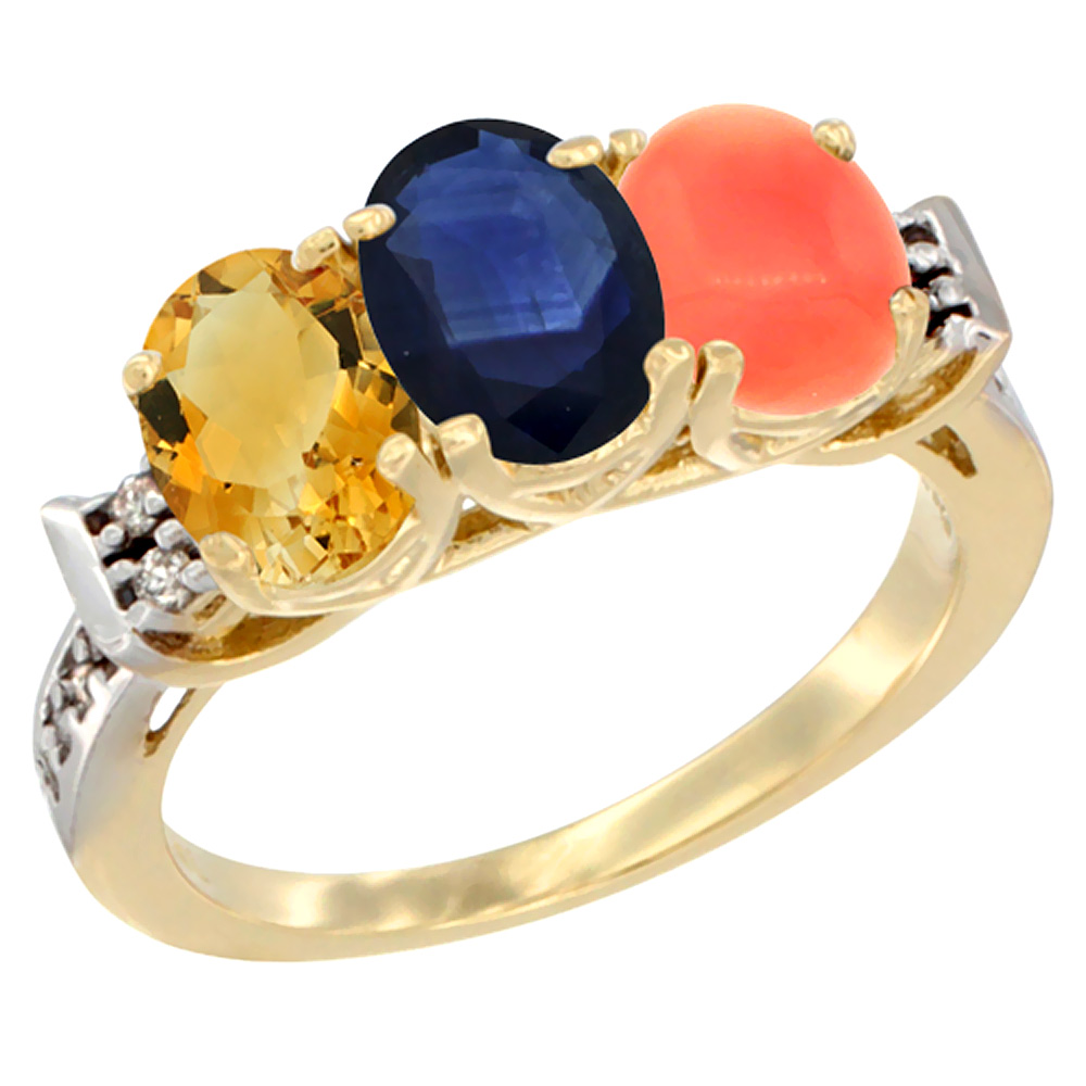 10K Yellow Gold Natural Citrine, Blue Sapphire &amp; Coral Ring 3-Stone Oval 7x5 mm Diamond Accent, sizes 5 - 10
