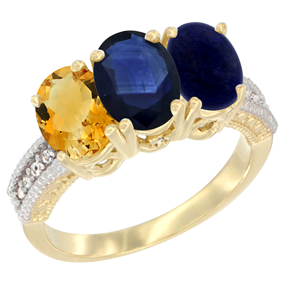 14K Yellow Gold Natural Citrine, Blue Sapphire &amp; Lapis Ring 3-Stone 7x5 mm Oval Diamond Accent, sizes 5 - 10
