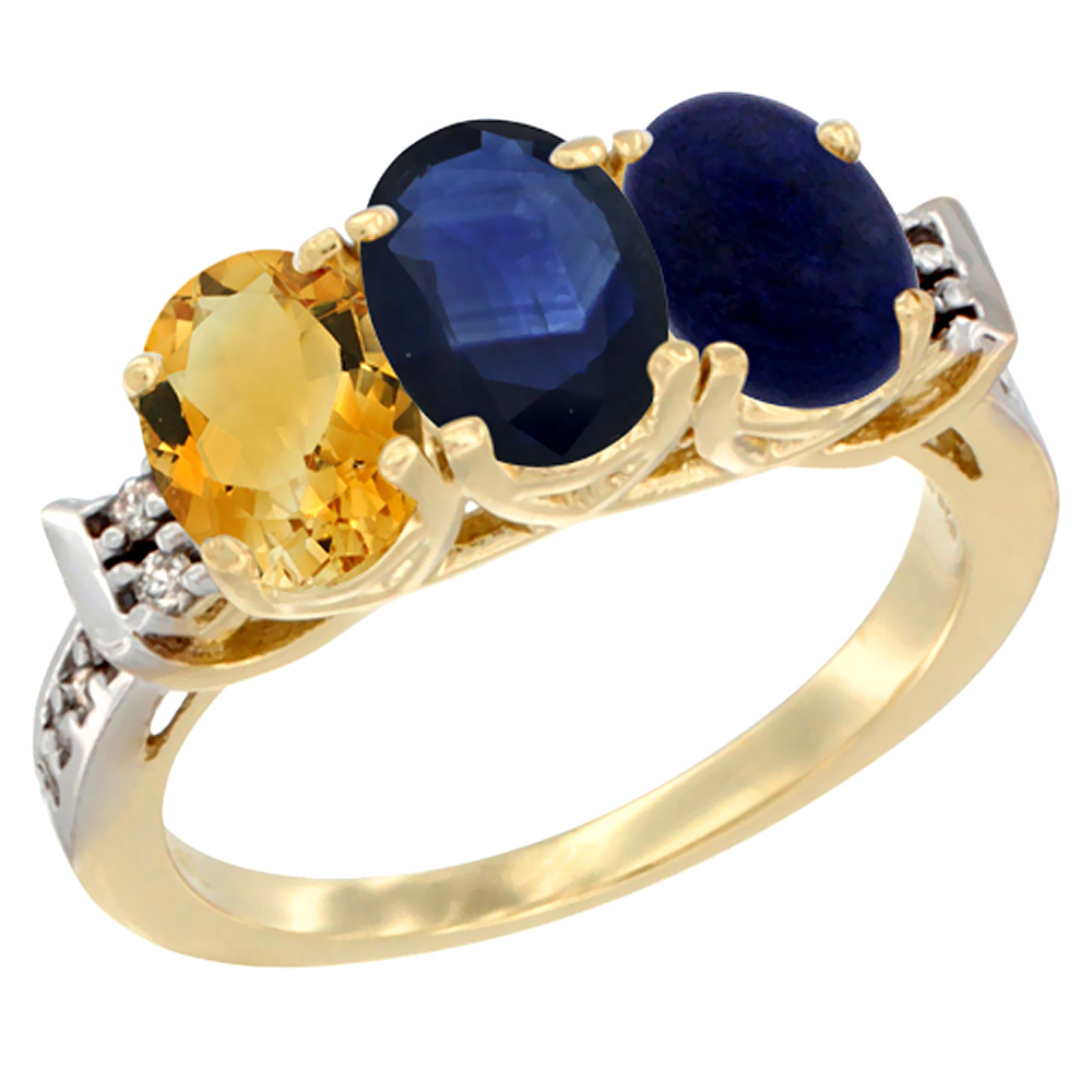10K Yellow Gold Natural Citrine, Blue Sapphire &amp; Lapis Ring 3-Stone Oval 7x5 mm Diamond Accent, sizes 5 - 10