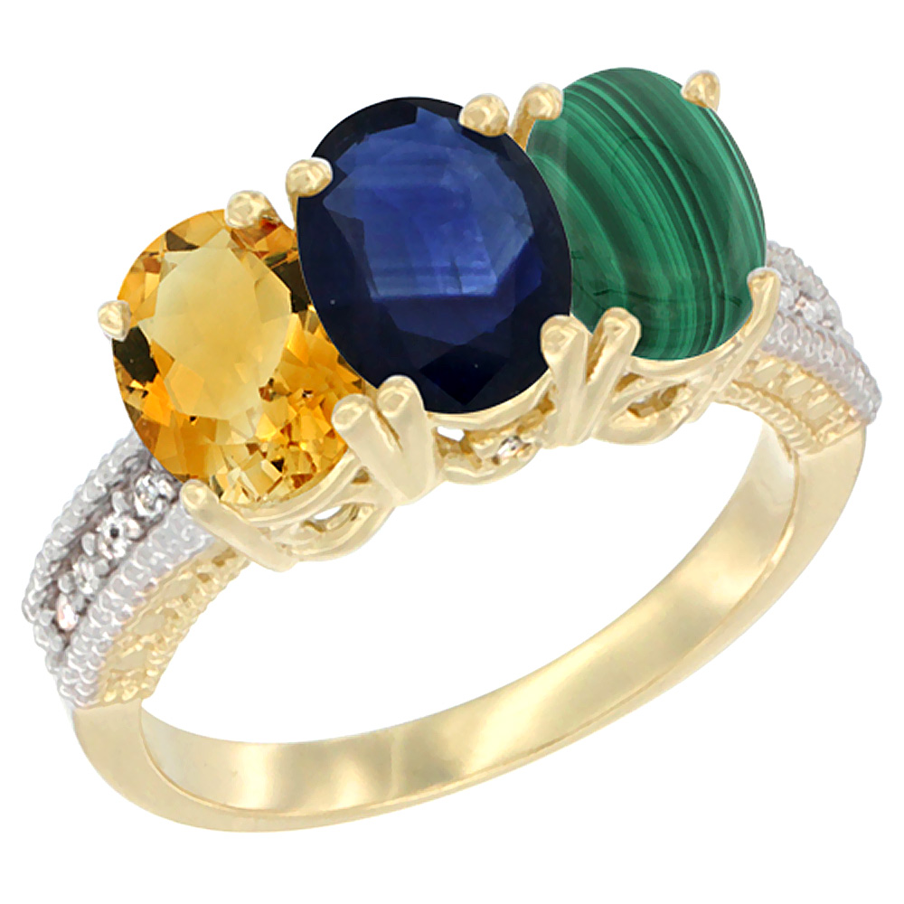 10K Yellow Gold Diamond Natural Citrine, Blue Sapphire & Malachite Ring 3-Stone 7x5 mm Oval, sizes 5 - 10