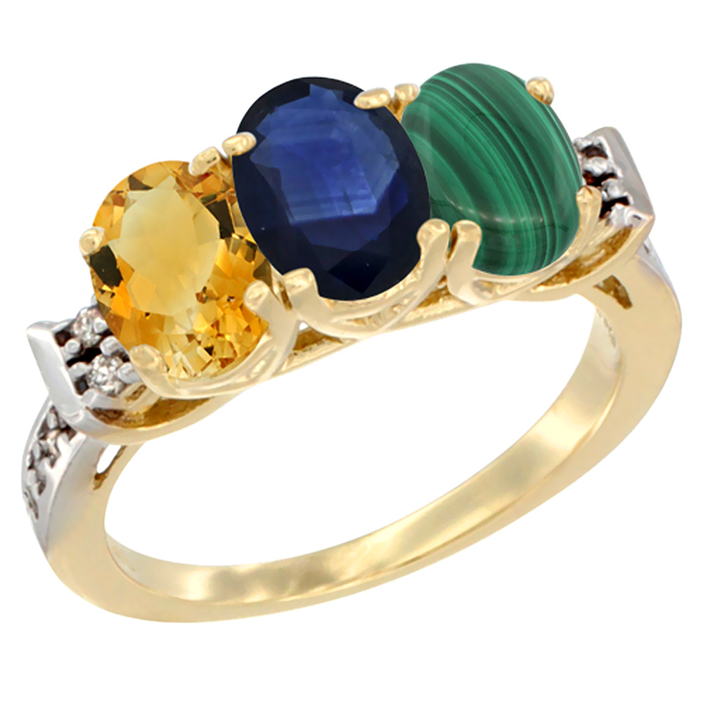 10K Yellow Gold Natural Citrine, Blue Sapphire & Malachite Ring 3-Stone Oval 7x5 mm Diamond Accent, sizes 5 - 10