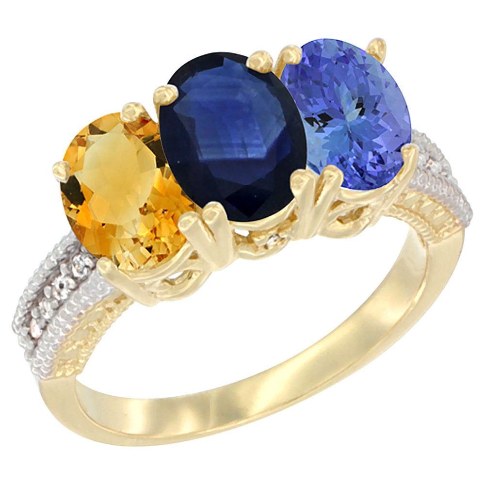 10K Yellow Gold Diamond Natural Citrine, Blue Sapphire &amp; Tanzanite Ring 3-Stone 7x5 mm Oval, sizes 5 - 10