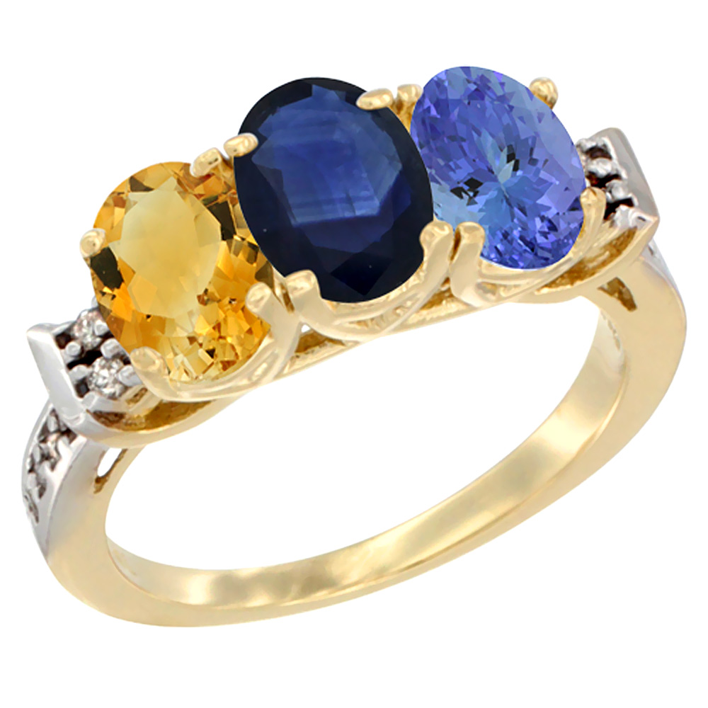 10K Yellow Gold Natural Citrine, Blue Sapphire & Tanzanite Ring 3-Stone Oval 7x5 mm Diamond Accent, sizes 5 - 10