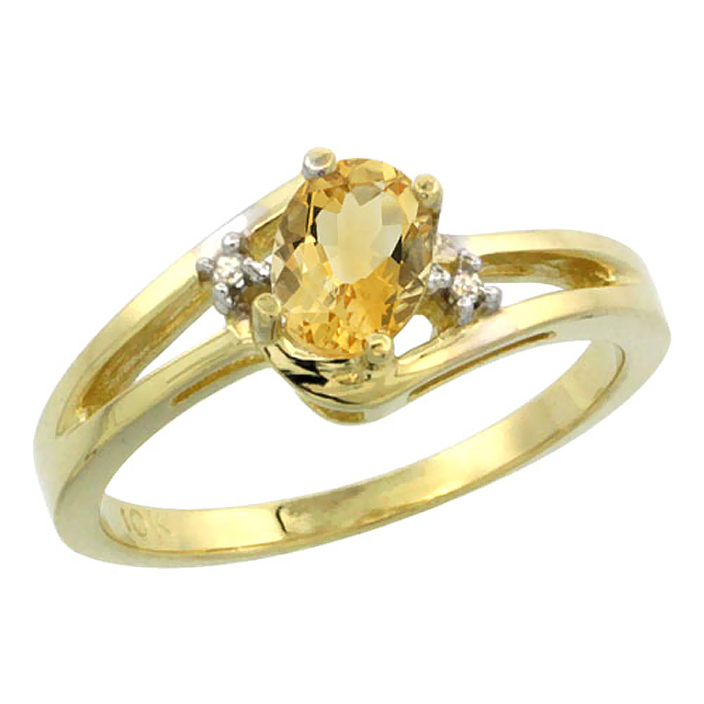 10k Yellow Gold Diamond Natural Citrine Ring Oval 6x4 mm, sizes 5-10