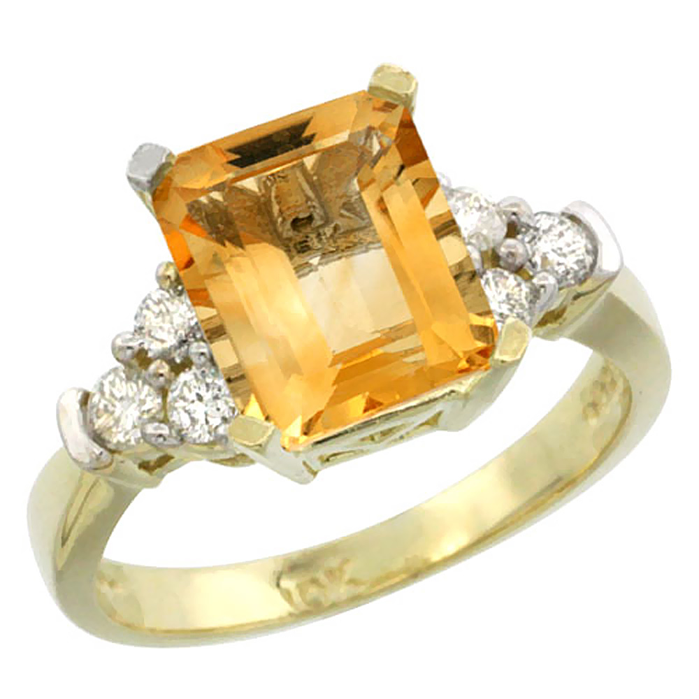 14K Yellow Gold Natural Citrine Ring Octagon 9x7mm Diamond Accent, sizes 5-10