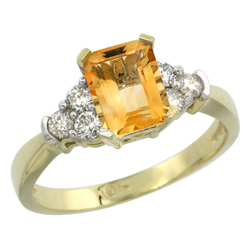 10K Yellow Gold Natural Citrine Ring Octagon 7x5mm Diamond Accent, sizes 5-10
