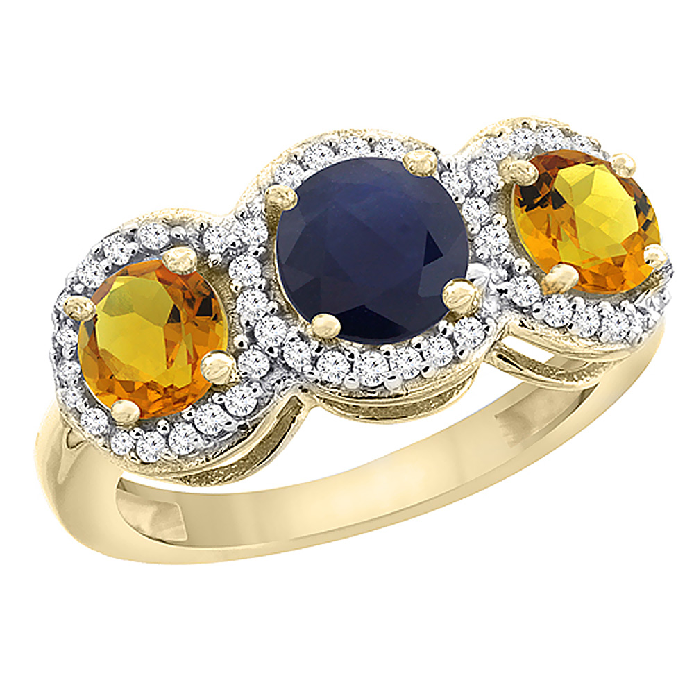10K Yellow Gold Natural High Quality Blue Sapphire &amp; Citrine Sides Round 3-stone Ring Diamond Accents, sizes 5 - 10