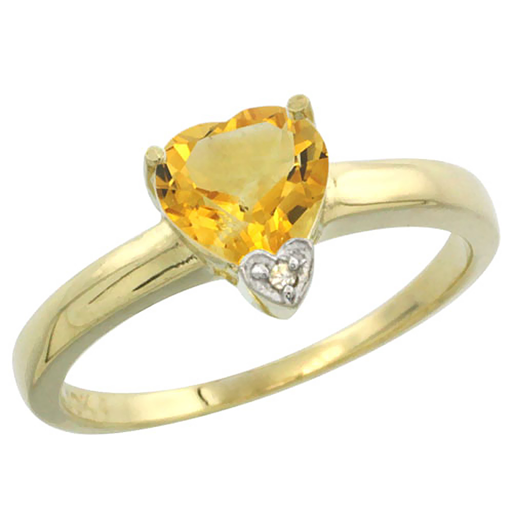 14K Yellow Gold Natural Citrine Heart 7x7mm Diamond Accent, sizes 5-10