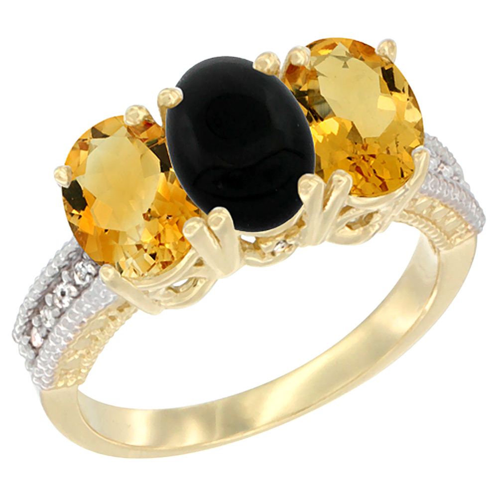 14K Yellow Gold Natural Black Onyx & Citrine Sides Ring 3-Stone 7x5 mm Oval Diamond Accent, sizes 5 - 10