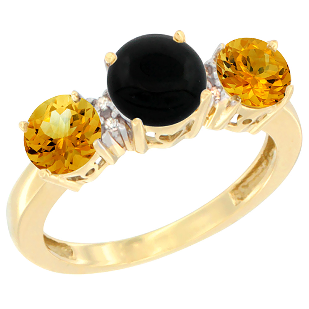 10K Yellow Gold Round 3-Stone Natural Black Onyx Ring &amp; Citrine Sides Diamond Accent, sizes 5 - 10