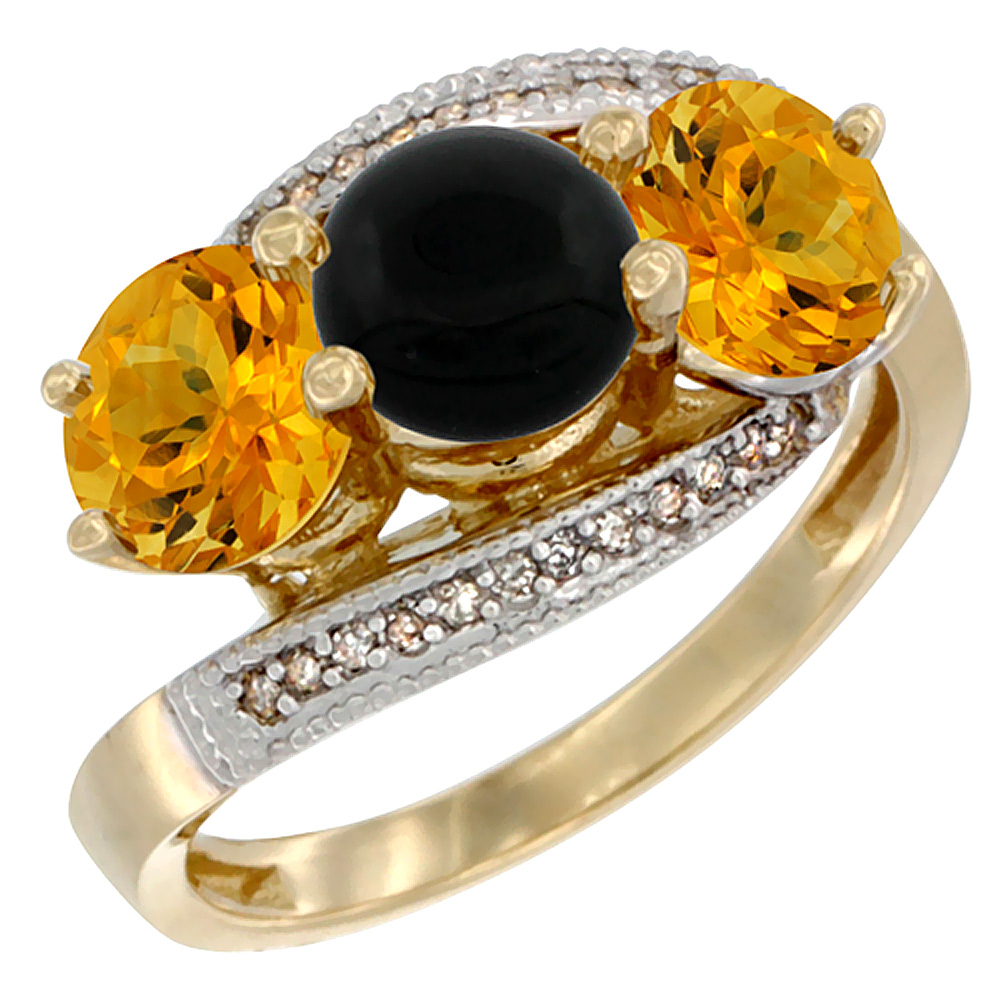 14K Yellow Gold Natural Black Onyx & Citrine Sides 3 stone Ring Round 6mm Diamond Accent, sizes 5 - 10