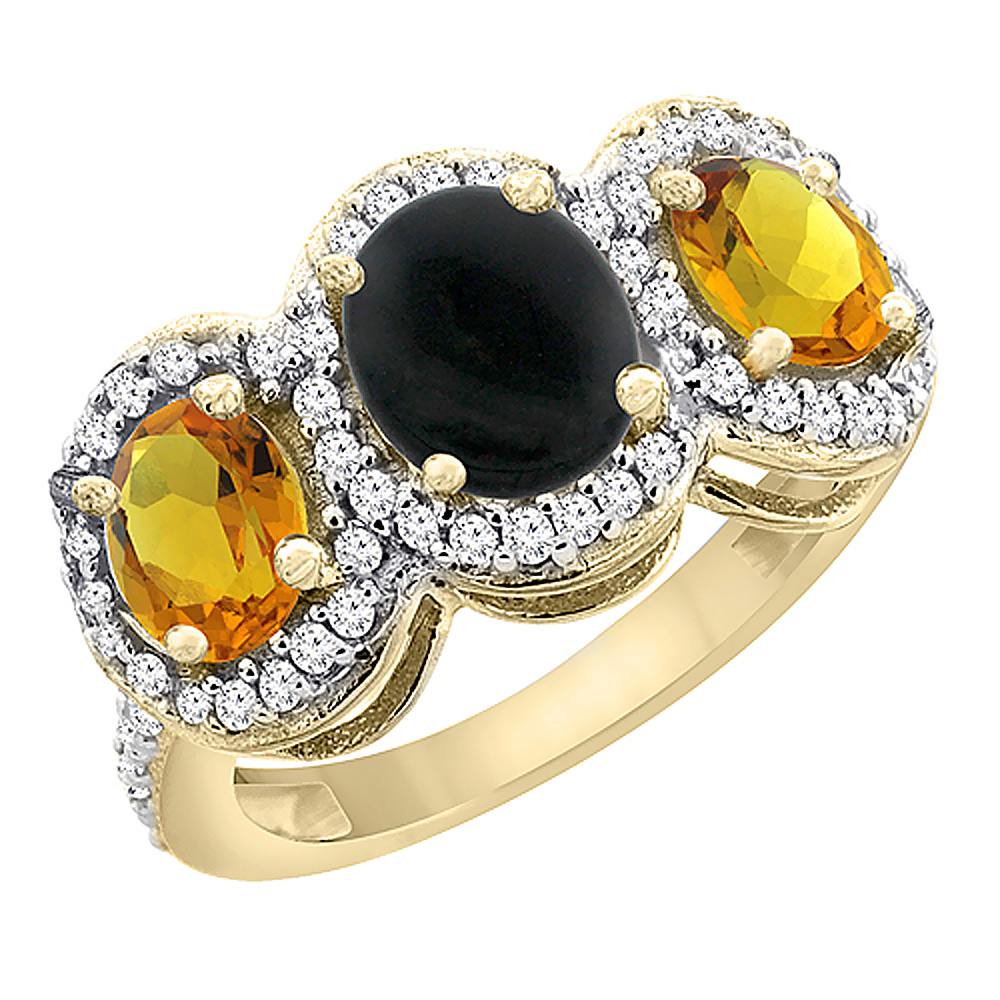 10K Yellow Gold Natural Black Onyx & Citrine 3-Stone Ring Oval Diamond Accent, sizes 5 - 10